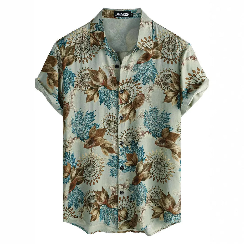 Man wearing a short sleeve Hawaiian shirt with a blue and white floral digital print and a lapel collar.