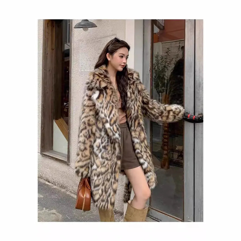 Faux fur coat with fur collar available in mid-length or long style with pockets