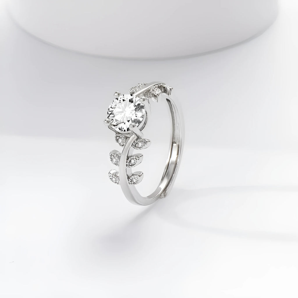 Women's adjustable copper ring leaf shape white gold colour 1 carat high-sensitivity stone index finger