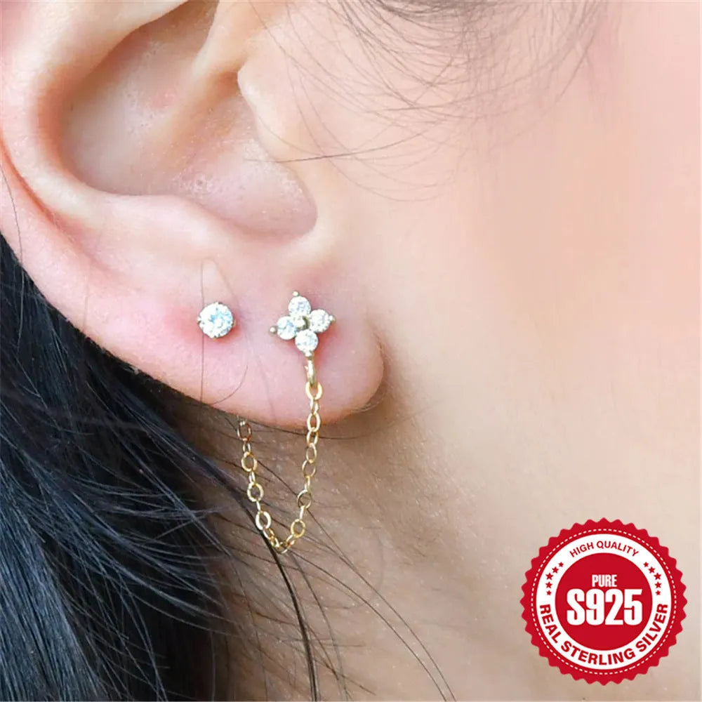 S925 sterling silver diamond flower tassel chain ear clip stud earrings with geometric design