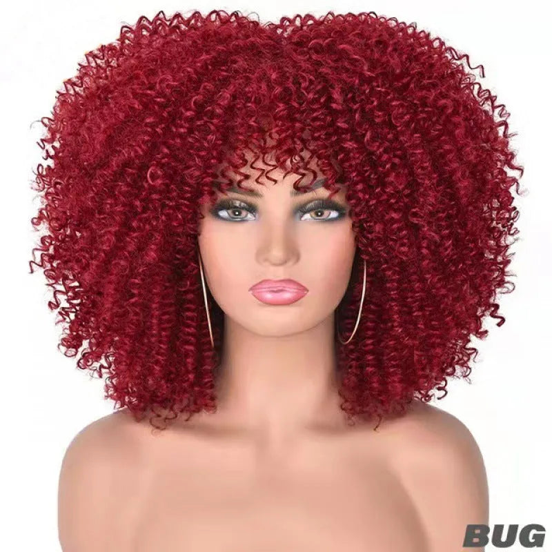 African small curly hair afro wig headgear in high temperature silk with bangs, colour 1B/30