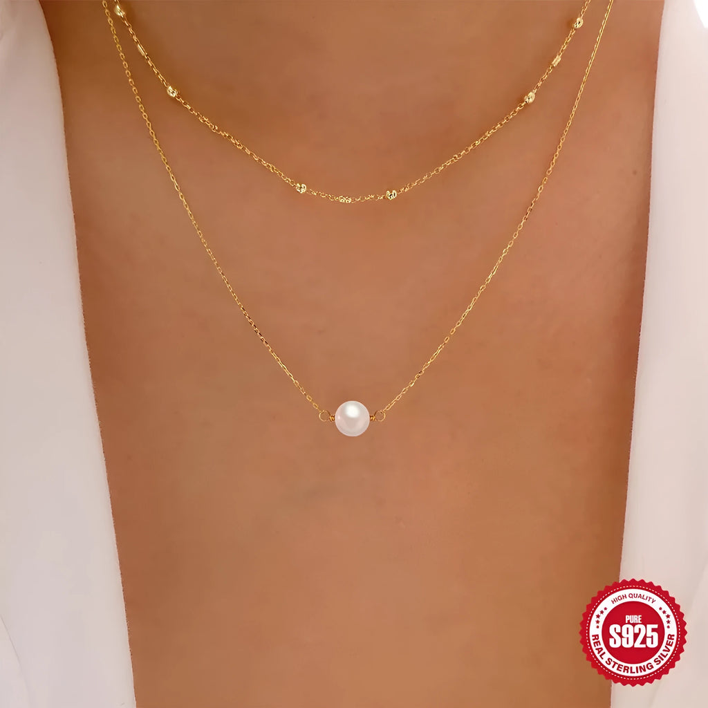 S925 sterling silver double layer necklace with geometric twin pearl pendant on a ball bead chain.