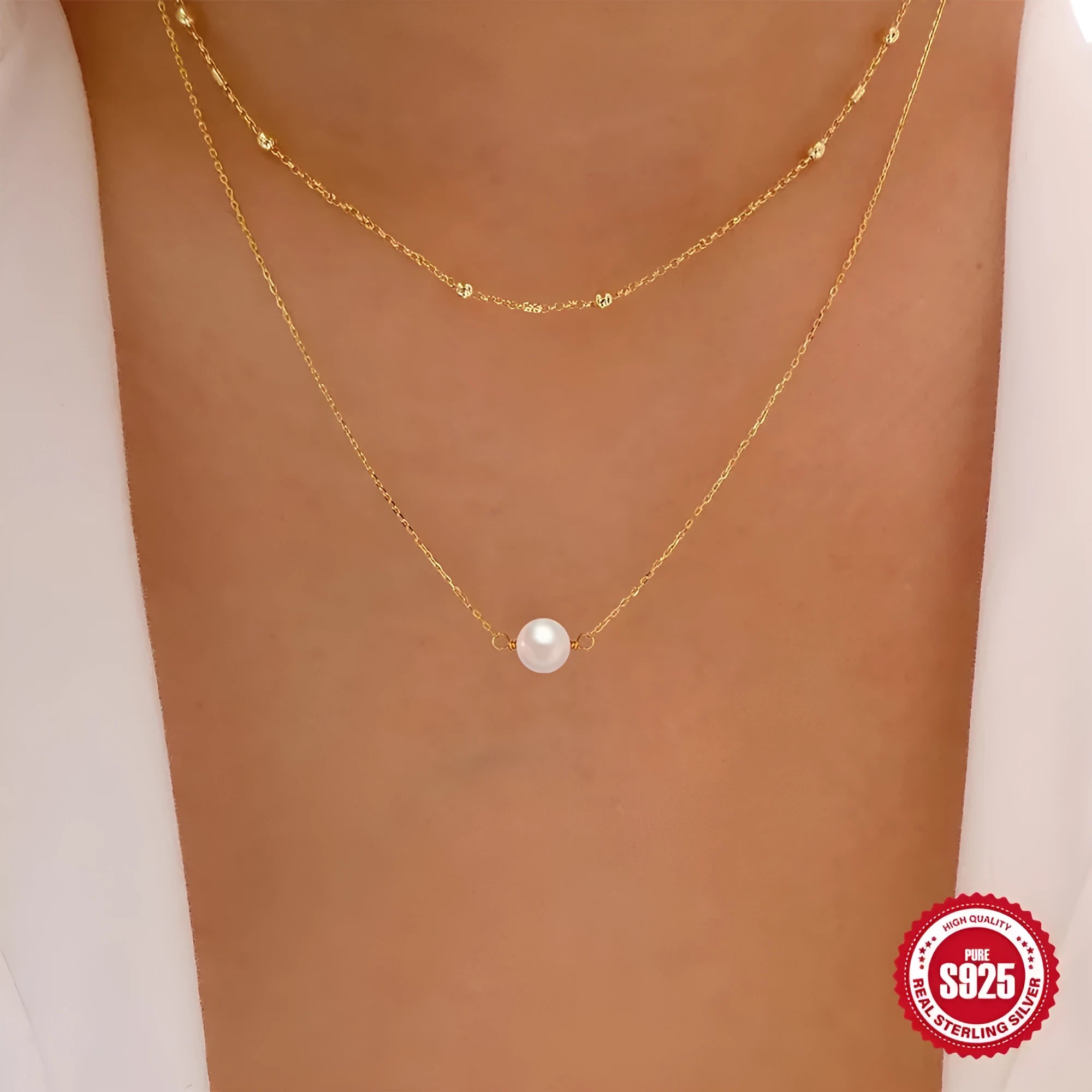 S925 sterling silver double layer necklace with geometric twin pearl pendant on a ball bead chain.