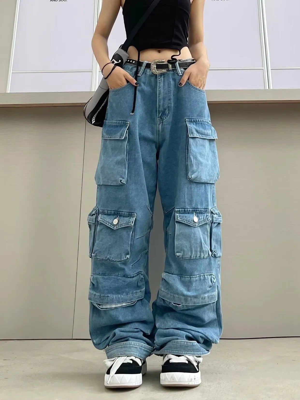 Women's blue tie-dyed high waist wide leg trousers with multiple pockets and street hipster styling