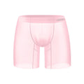 Men's solid colour boxers in ice silk nylon fabric showing low-waist design in orange, pink, and red options