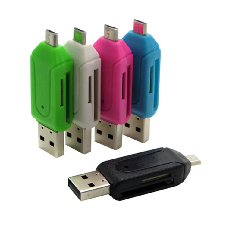 White OTG card reader showing both USB and micro USB connectors for phones and computers.