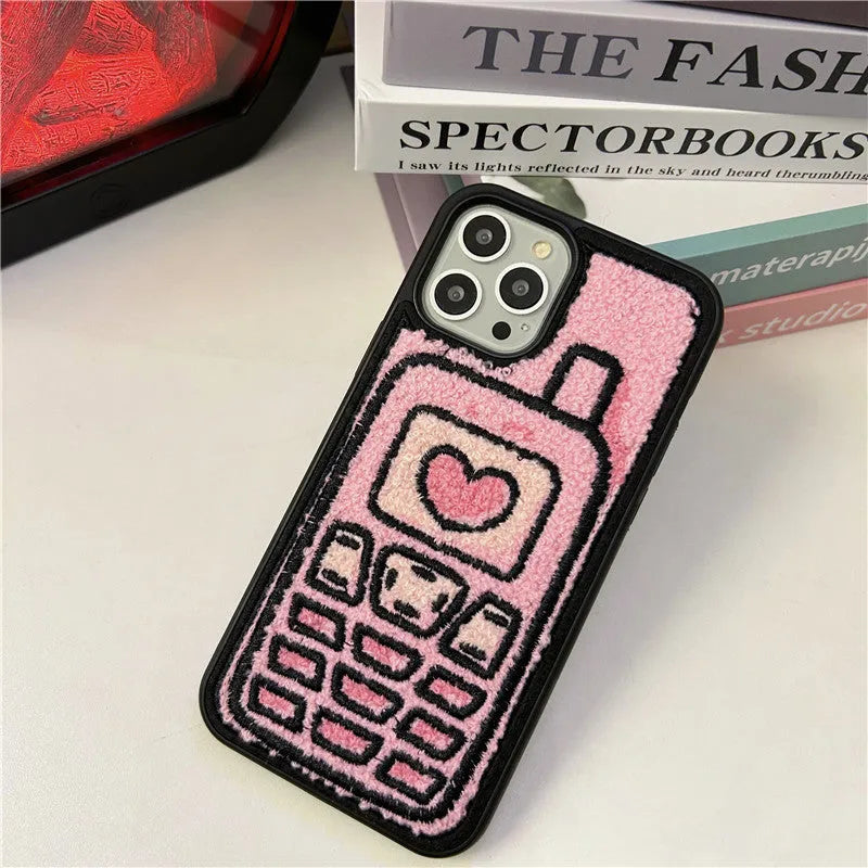 Pink TPU iPhone case with towel embroidery design on back