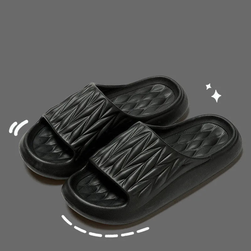 Leaf texture design EVA household slippers in various colours on a non-slip sole.