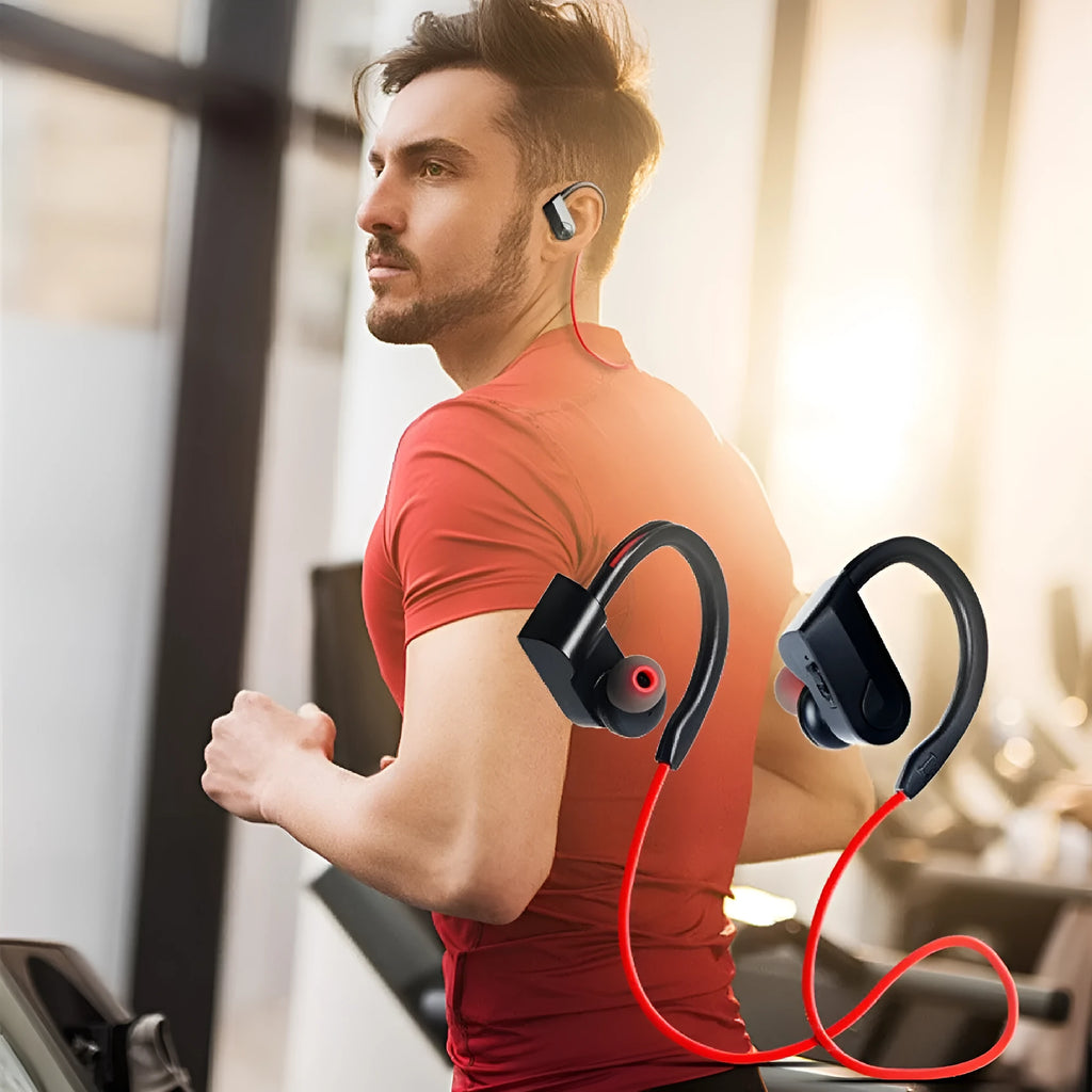 Wireless neck mounted Bluetooth earphones in black colour with USB charging cable