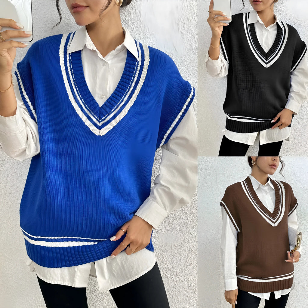 Women's loose fit college-style vest sweater in acrylic blend fabric