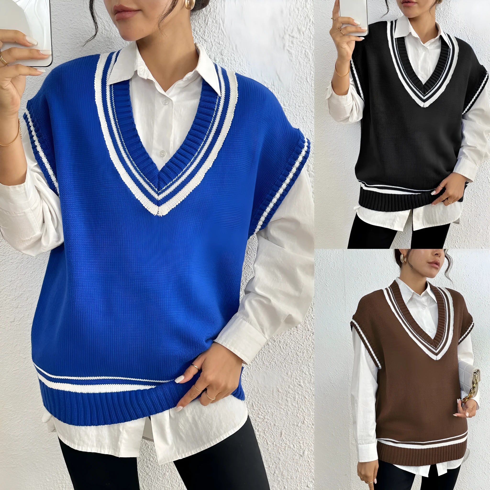 Women's loose fit college-style vest sweater in acrylic blend fabric