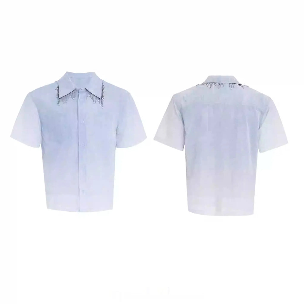 Men's loose blue gradient short sleeve casual polyester shirt on a hanger.