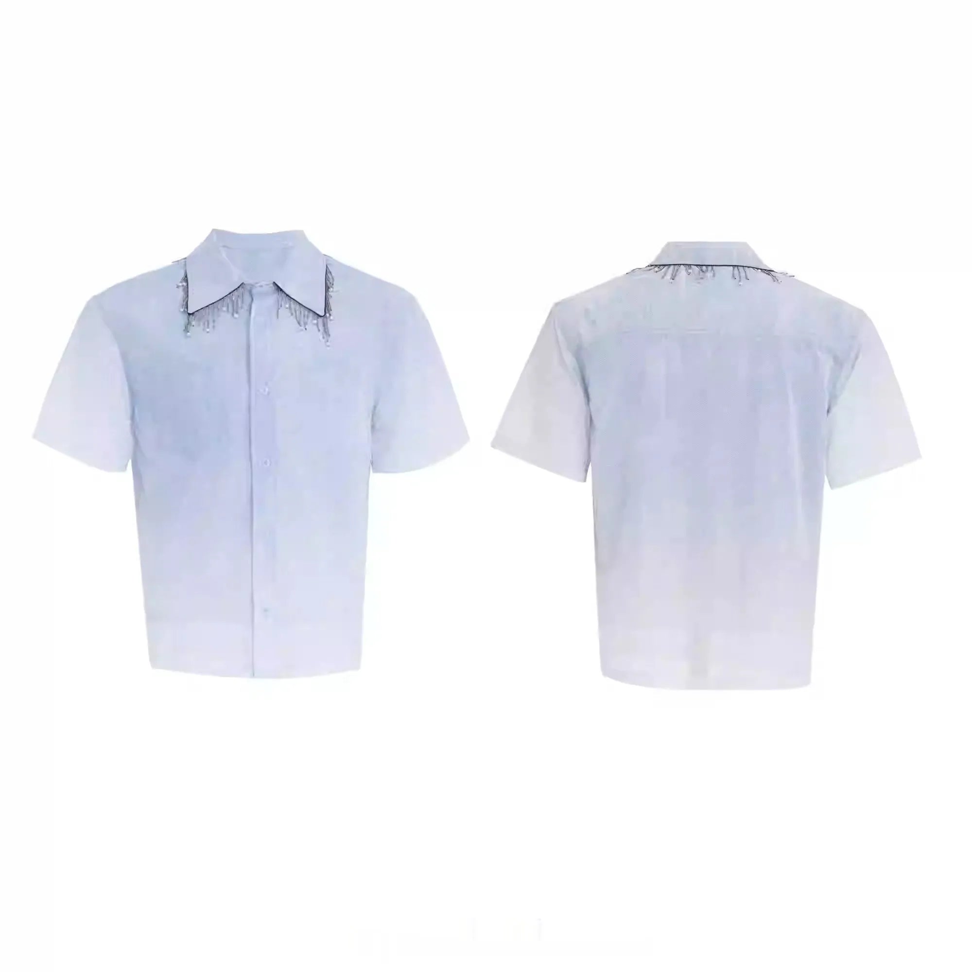 Men's loose blue gradient short sleeve casual polyester shirt on a hanger.