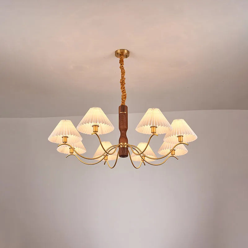American retro-style walnut wood wall lamp with fabric shade and copper accents.