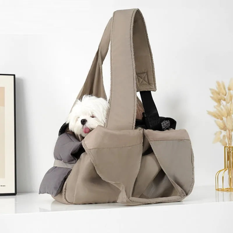 Apricot cloth pet carrier handbag for small dogs and cats showing medium size dimensions