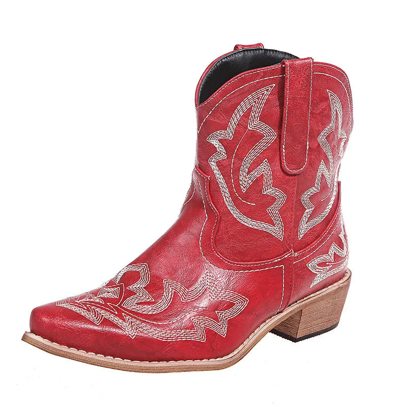 Women's blue Western cowgirl boots with embroidery details and low wedge heel