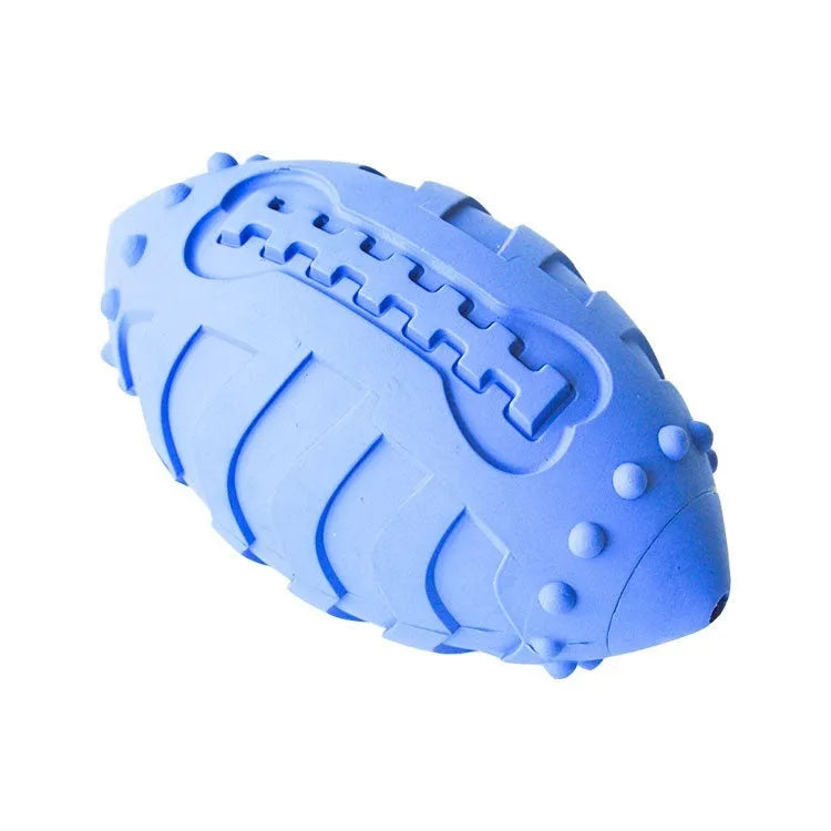 Thickened rubber dog training rugby ball in sapphire blue with vocal squeaker for teeth cleaning