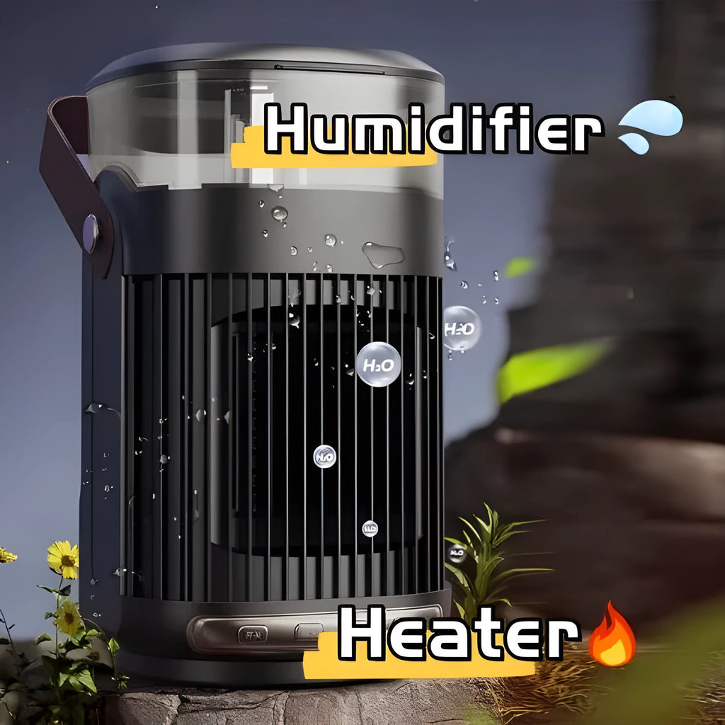 Black portable PTC heater with humidifier, showing front control panel, dimensions 24x13x13cm.