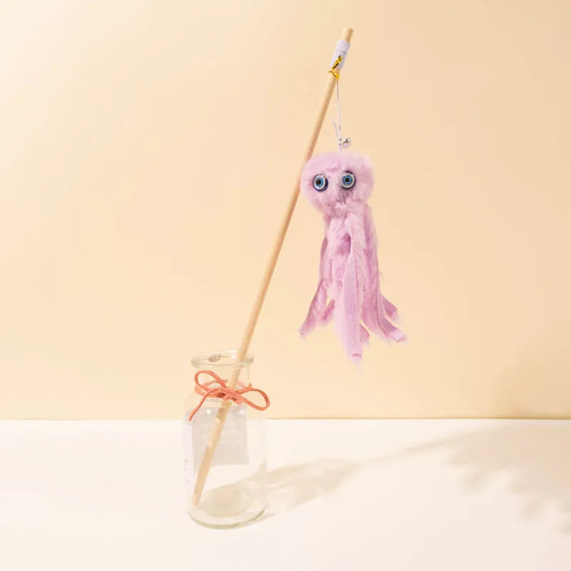 Octopus-themed cat toy with long handle in bright colours for indoor pet play