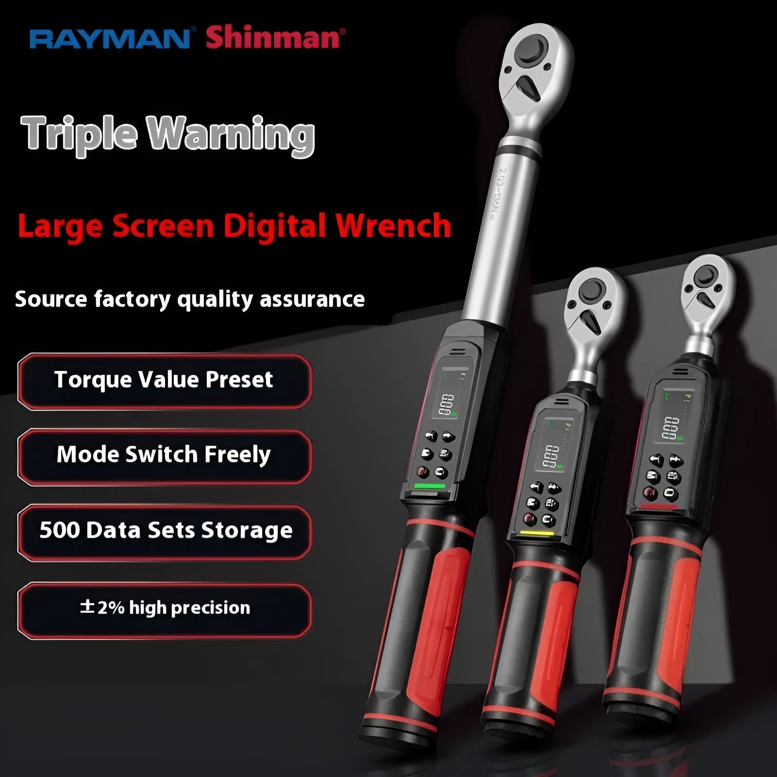 Electronic digital torque wrench with LCD display showing torque reading.