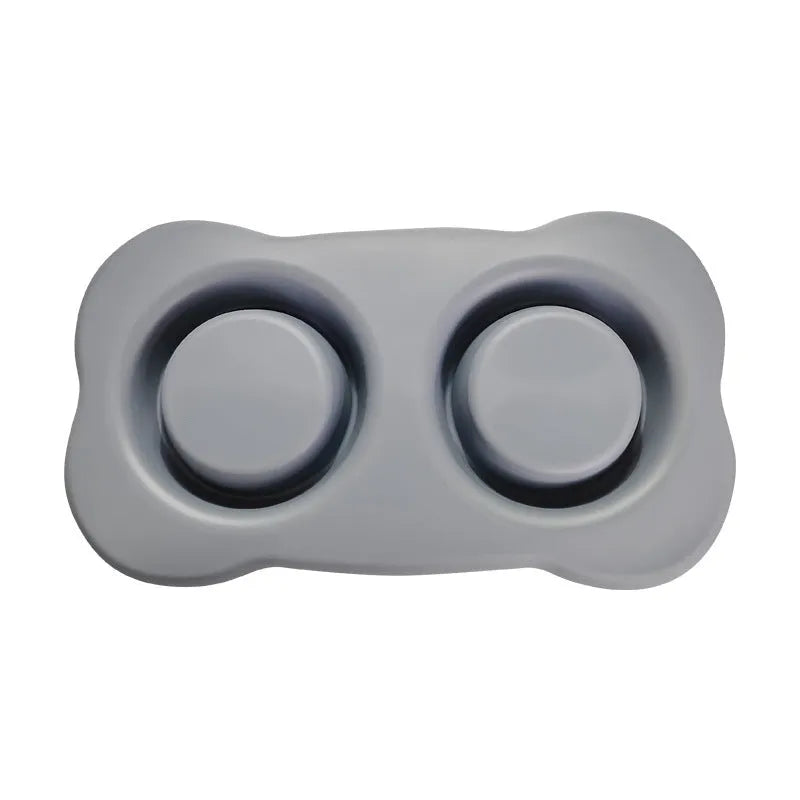 Large silicone double dog bowl with stainless steel inserts in blue colour