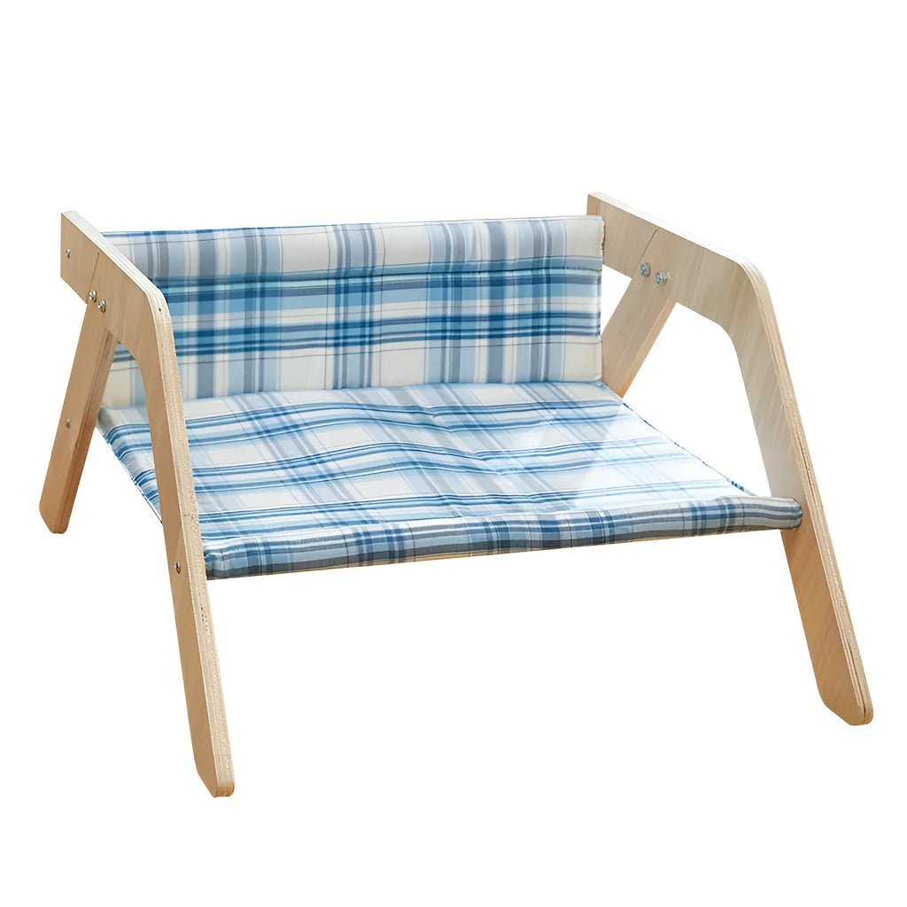 Wooden elevated cat bed with blue cloth hammock in beach chair design for indoor cats