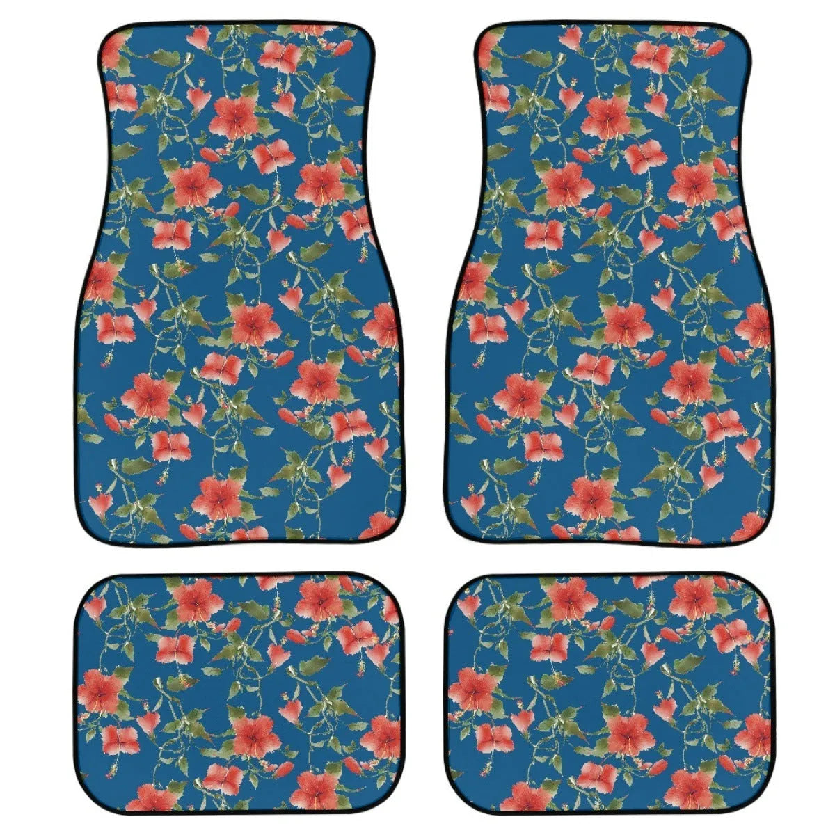Black printed rubber car floor mat set showing four pieces with textured surface.