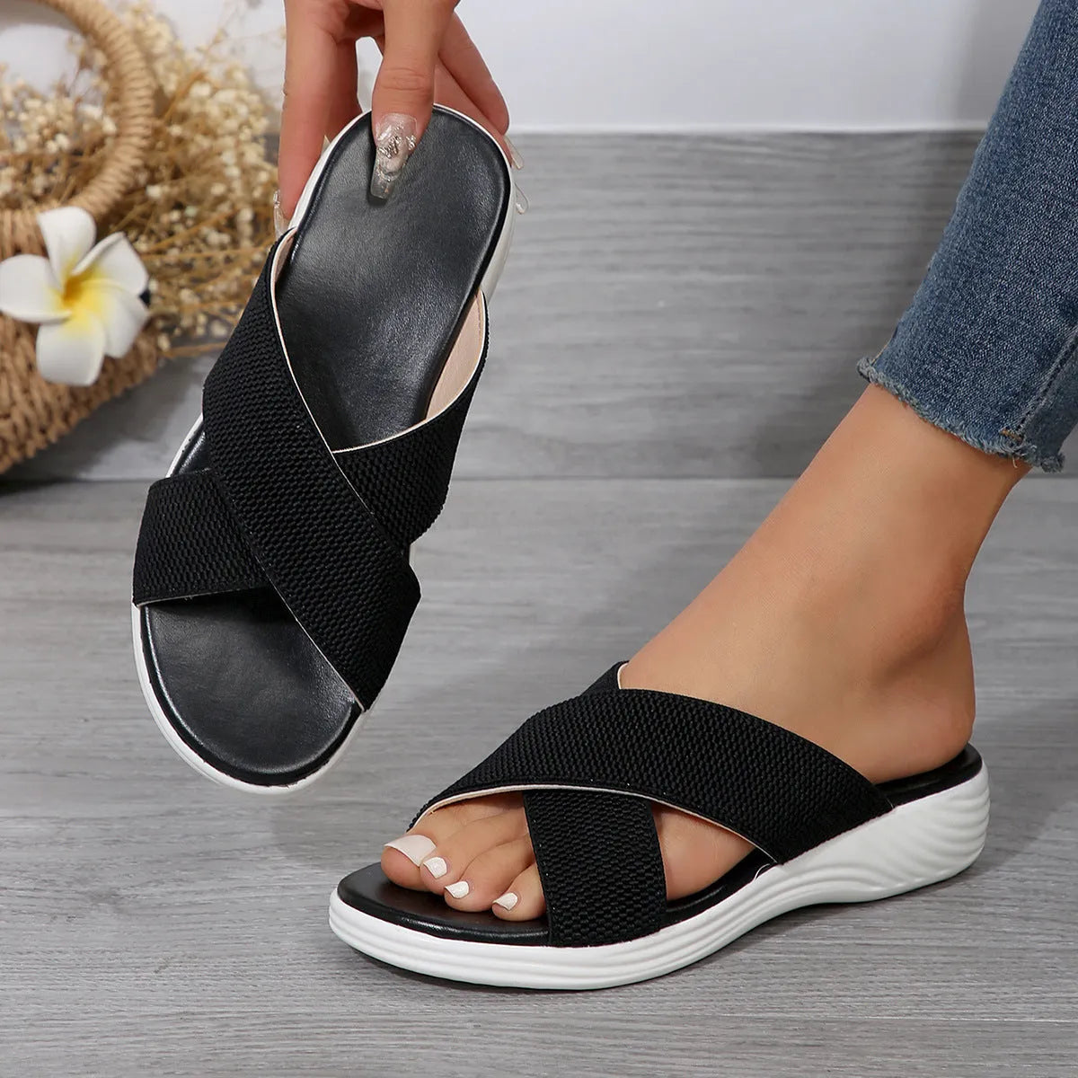 Women's black peep-toe wedge slippers with fish mouth design and thick rubber sole