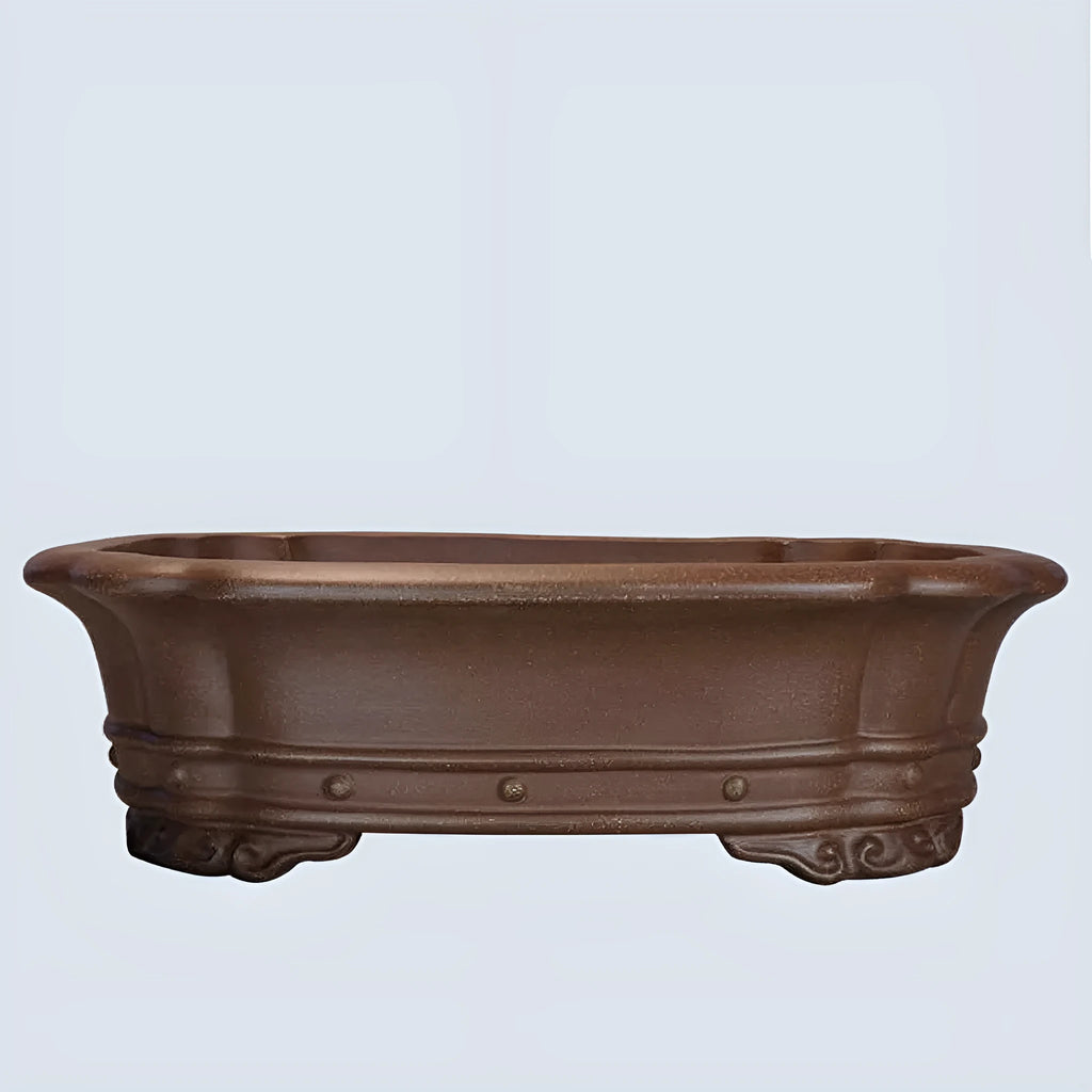 Purple clay handmade rectangular begonia flower pot on a desktop.
