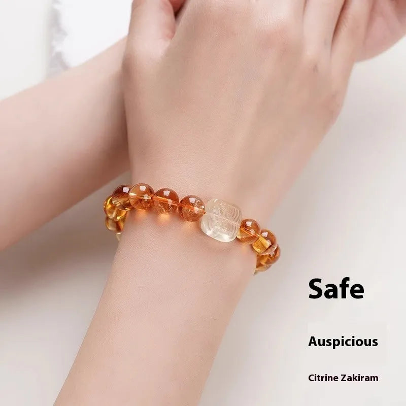 Women's carved citrine bracelet with geometric 10mm crystal beads and ethnic style detailing
