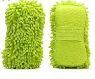 Silvery green microfiber chenille car wash sponge measuring 14x25 cm with spiral wool construction