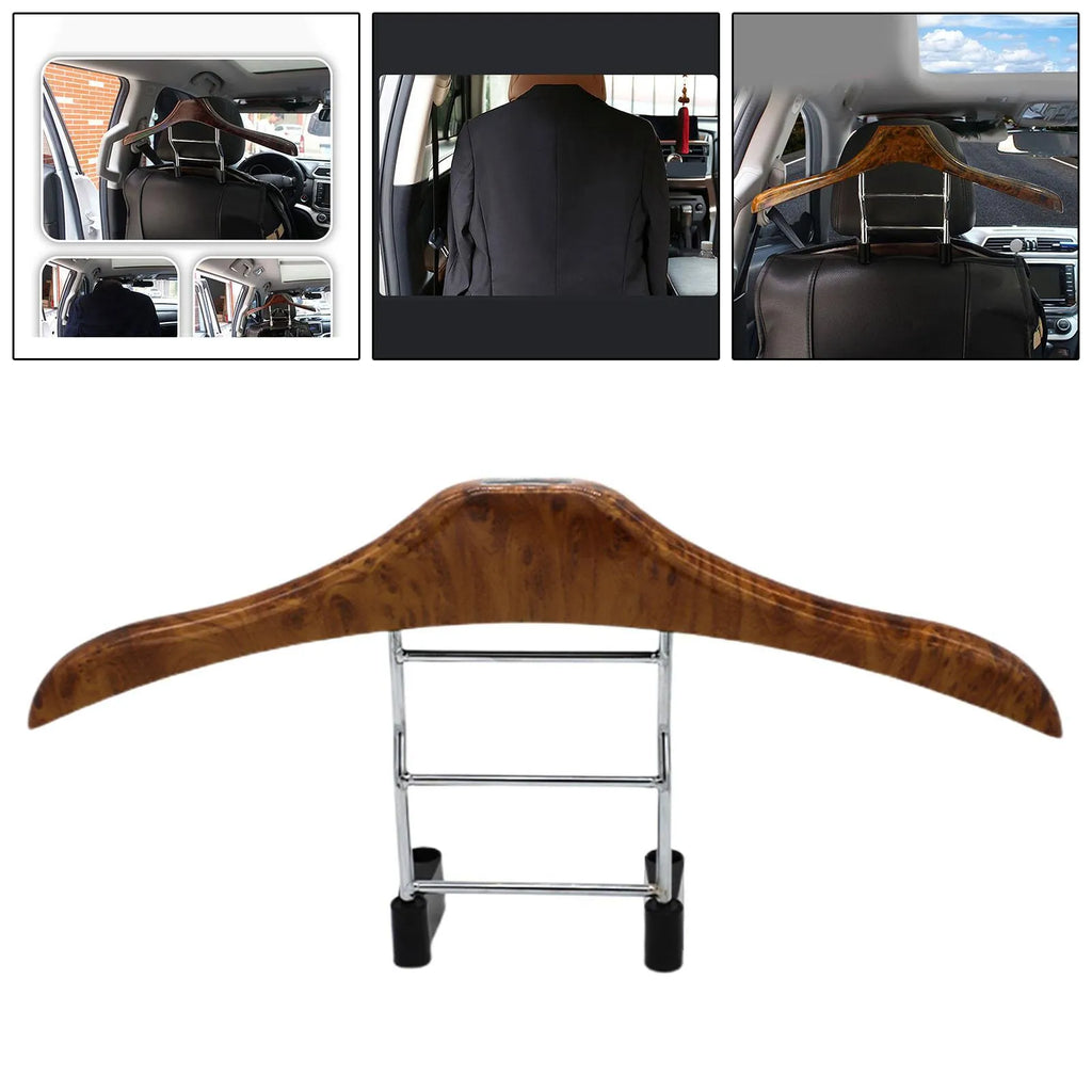 Wood yellow stainless steel car hanger for suits and coats mounted on a car seat headrest