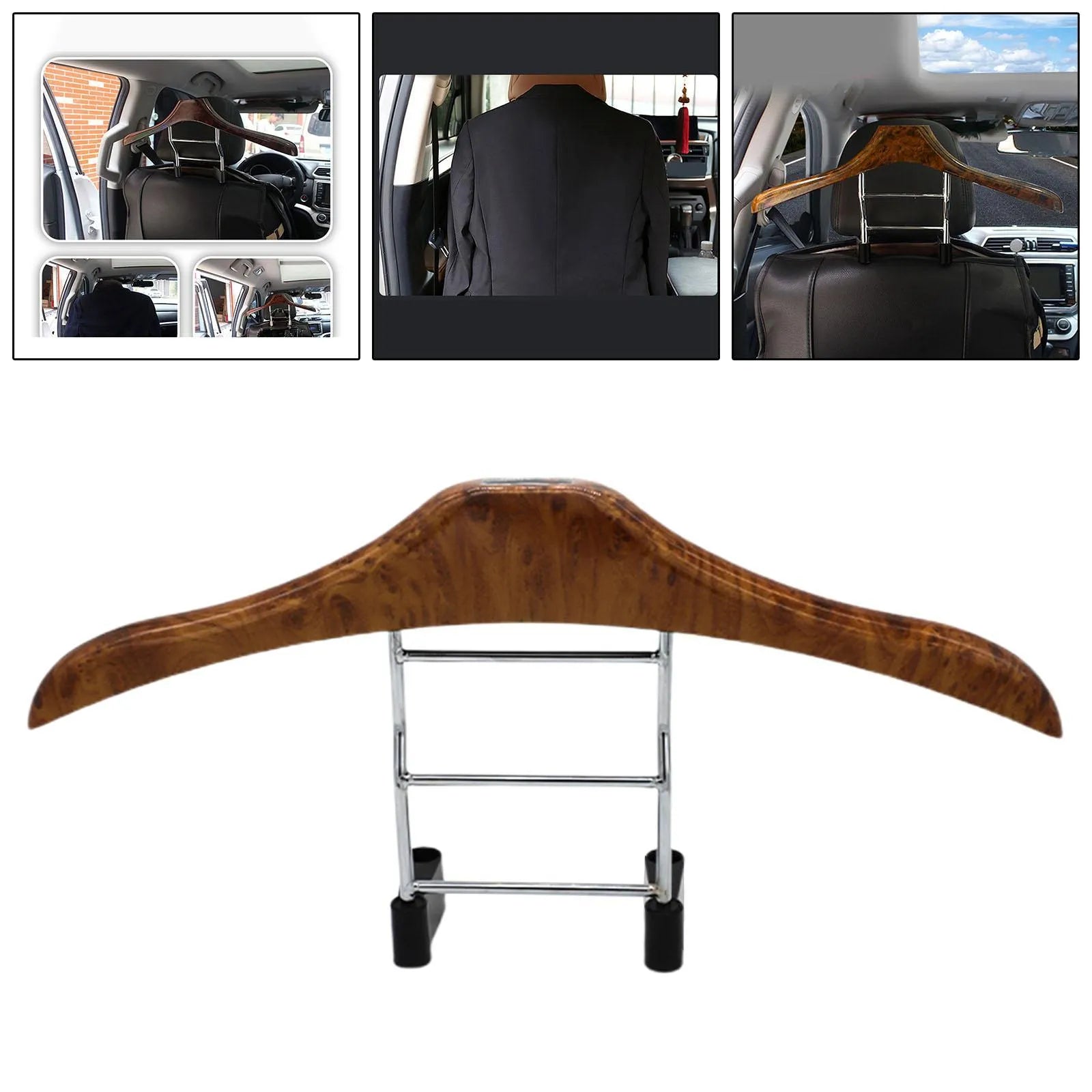 Wood yellow stainless steel car hanger for suits and coats mounted on a car seat headrest