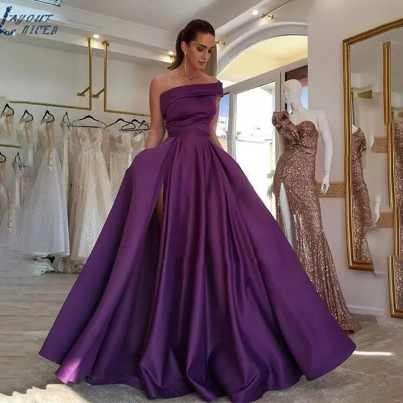 One shoulder satin tulle tutu dress for women, high waist, long skirt, solid colour, polyester, party wear