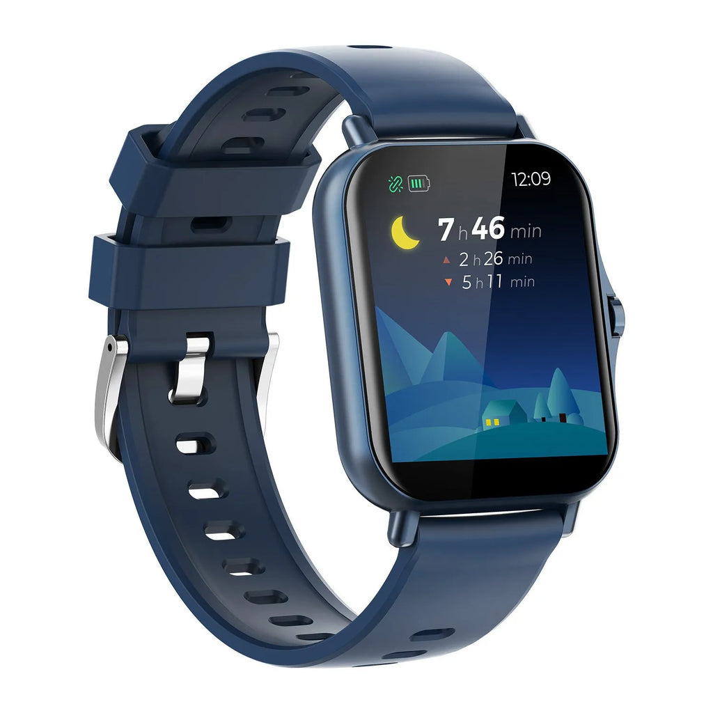 W10 smart watch showing heart rate on its curved touch screen, with black wristband.