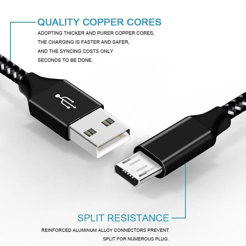 Braided nylon Micro USB charging cable for Android phones in black and white colour