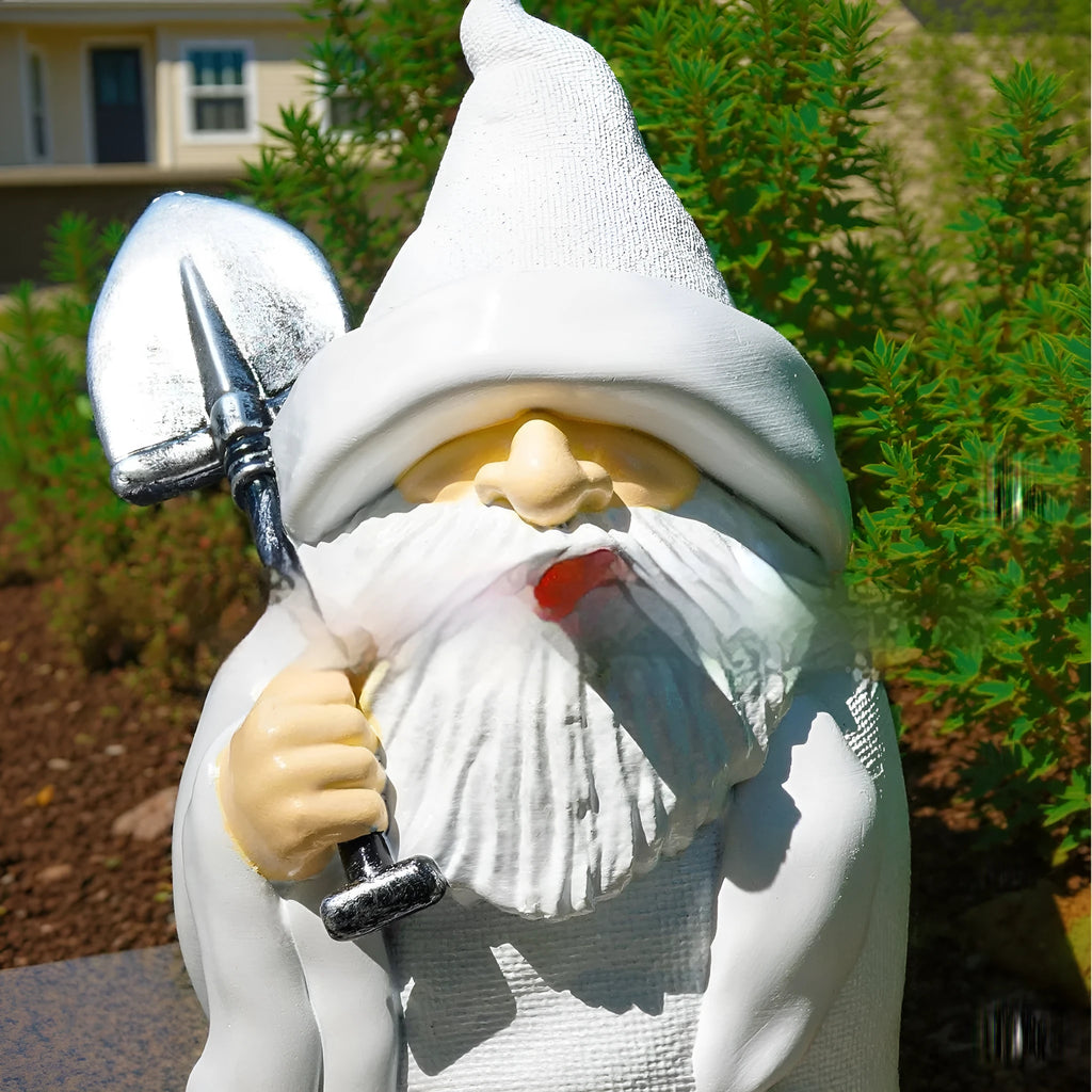 Christmas garden ornament featuring smoking shovel dwarf design in resin and plastic construction