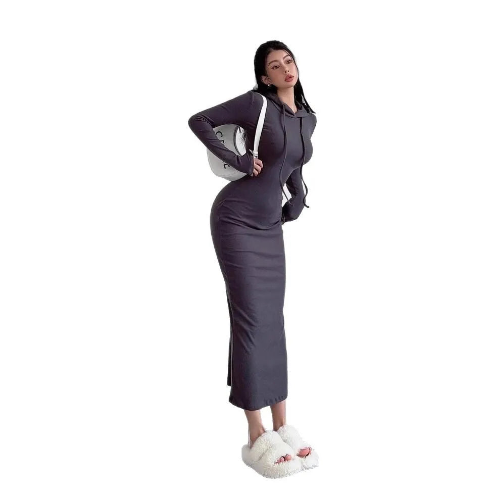 Women's long sleeve hooded sheath dress in light grey, a pullover style with a high waist.