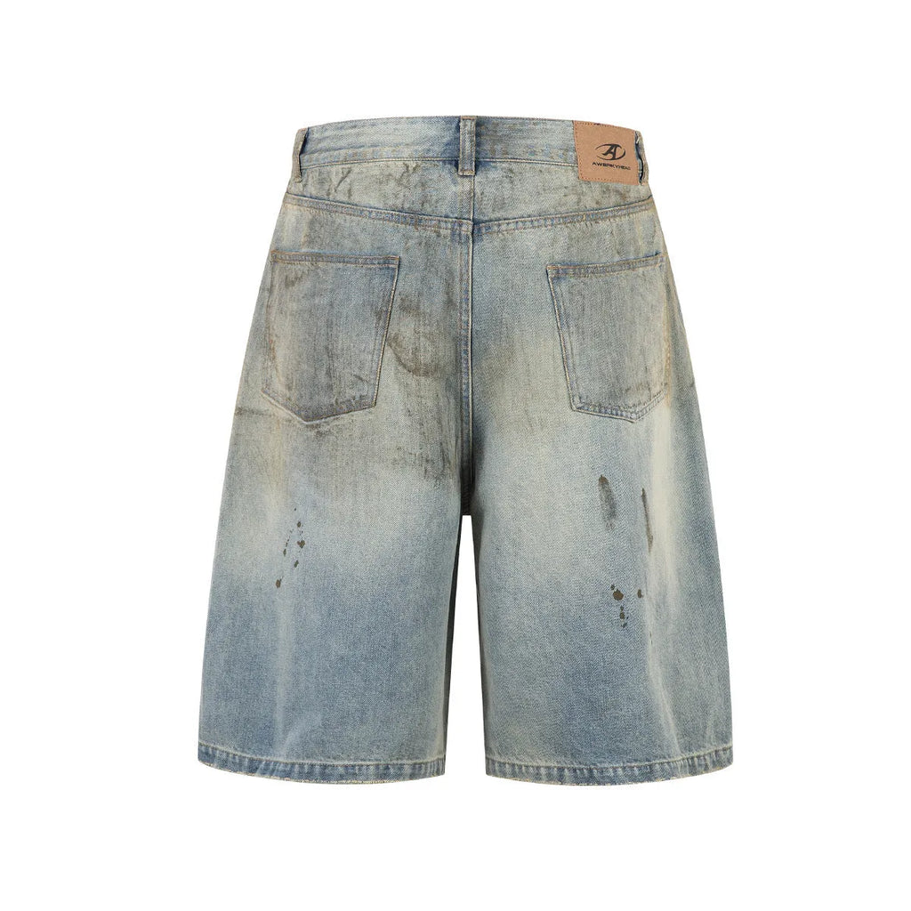 Blue washed denim straight-leg mid-length trousers with zipper fly closure