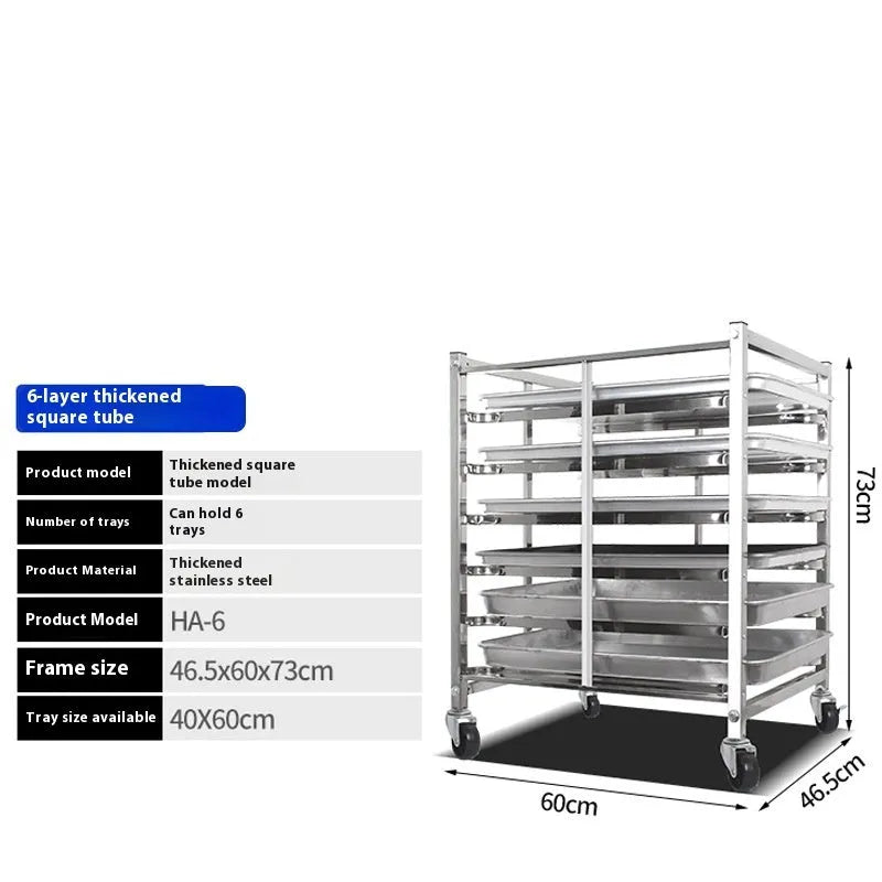 Six-layer stainless steel cake cooling rack with large rectangular tray and locking mechanism.