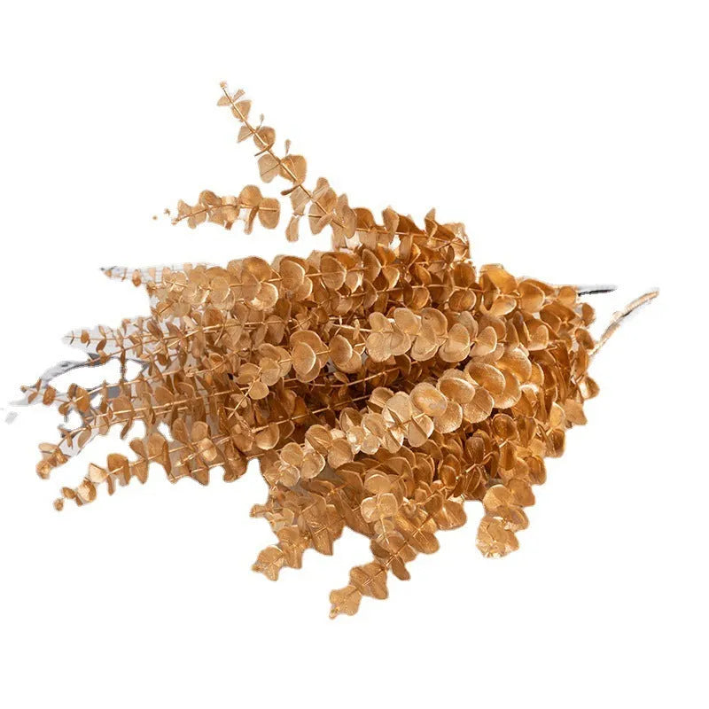 Artificial Persian eucalyptus ginkgo leaf flower arrangement in gold plastic for wedding home decor