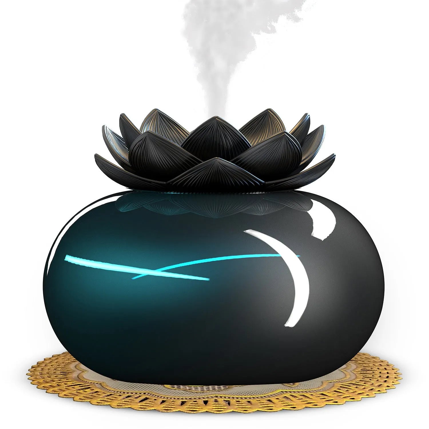 Pure black round Lotus ultrasonic aromatherapy humidifier with USB cable.