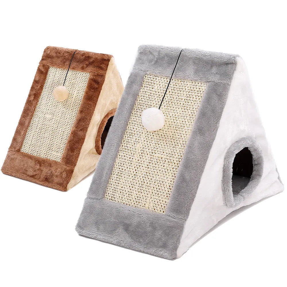 Triangular cat scratching post with sisal surfaces and soft plate fur bed in grey and white colour