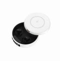 Mini wireless semi-in-ear headphones with charging case in black, white, and colour options