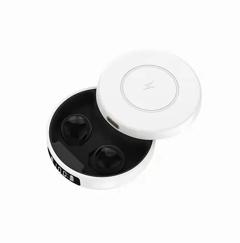 Mini wireless semi-in-ear headphones with charging case in black, white, and colour options