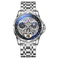 Men's automatic watch with luminous hands on steel bracelet, black dial with white markings