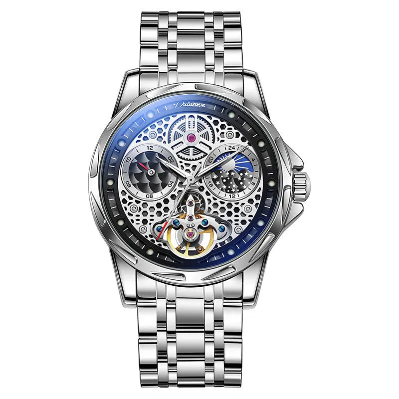 Men's automatic watch with luminous hands on steel bracelet, black dial with white markings