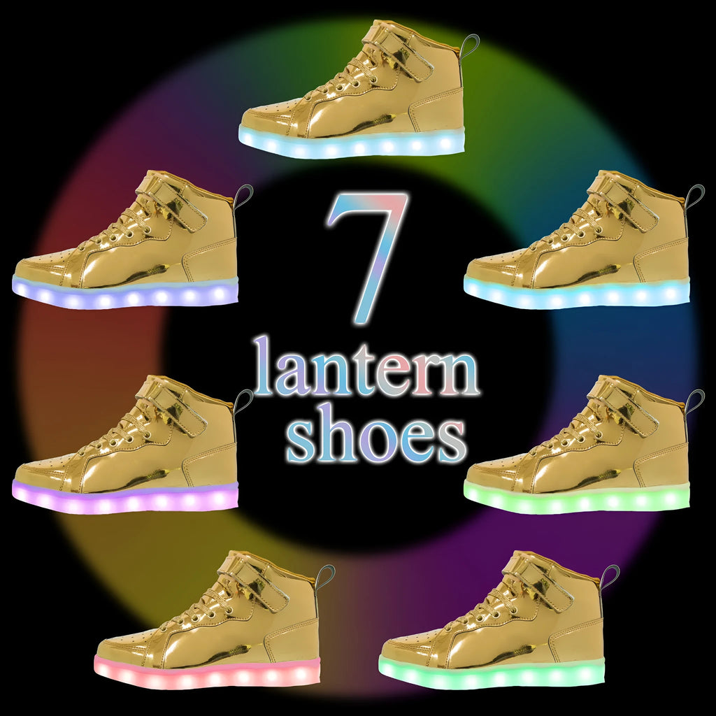 LED light-up high-top sneakers in black with velcro strap and glowing soles.