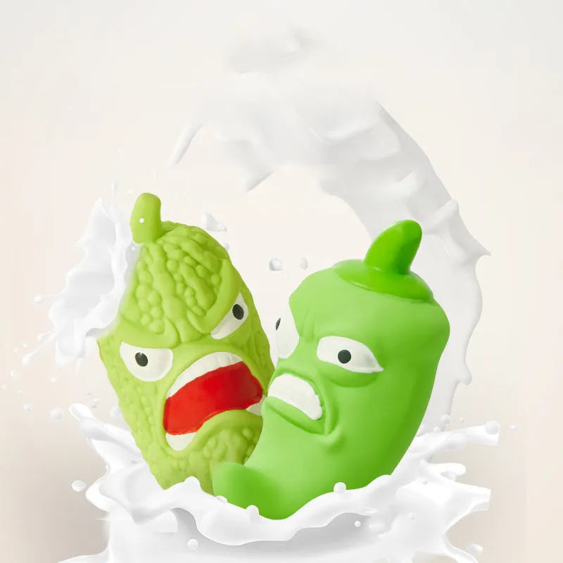 Bitter melon and chilli shaped dog chew toys with textured surfaces for teeth cleaning