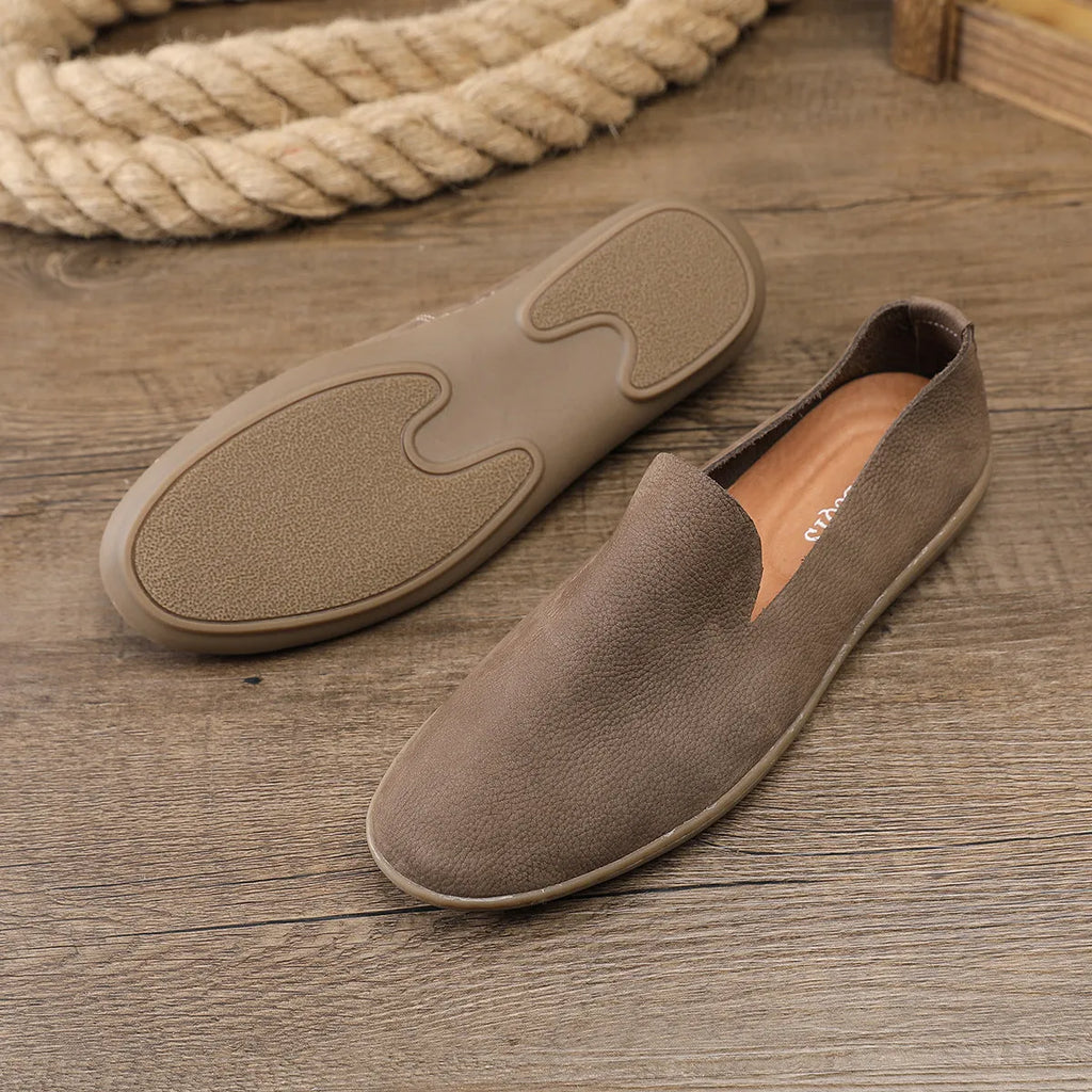 Men's handmade khaki and grey low-top casual shoes with a cowhide lining and rubber wedge sole.